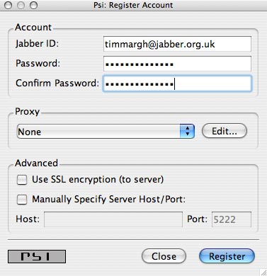 Create a new Jabber account from within Psi